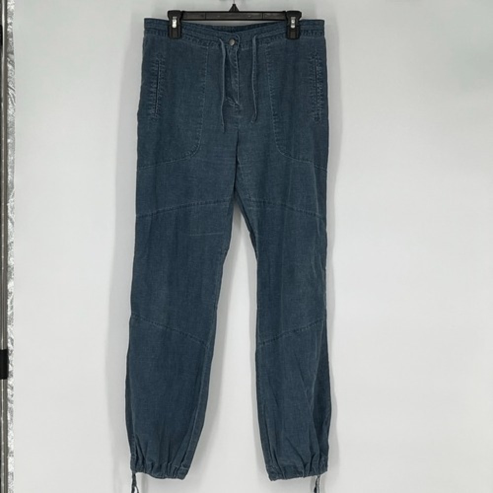 H&M L.O.G.G. Linen Jogger Pants Womens 10 Blue Drawstring Coastal Casual - Picture 1 of 14